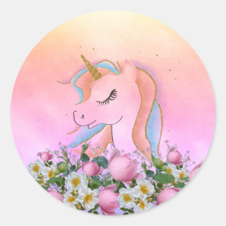 Sticker Rond Fleurs élégantes, Colorée, Unicorne Arc-en-ciel