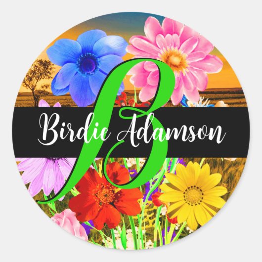 Sticker Rond Fleurs Élégantes : Nom de Script Monogramme Chic e (Devant)