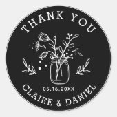 Sticker Rond Fleurs en Merci Mariage Mason noir et blanc (Devant)
