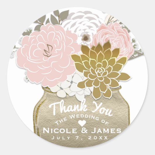 Sticker Rond Fleurs en pot Mason Rustique Floral Rose et Or Chi (Devant)