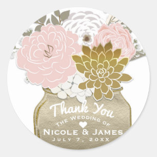Sticker Rond Fleurs en pot Mason Rustique Floral Rose et Or Chi