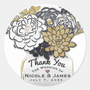 Sticker Rond Fleurs en pot Mason Rustique Gris Or Faveur floral