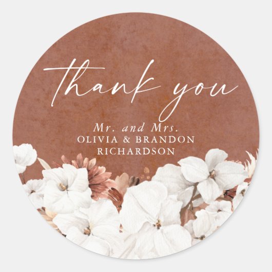 Sticker Rond Fleurs en terre cuite blanche Merci bohème élégant (Devant)