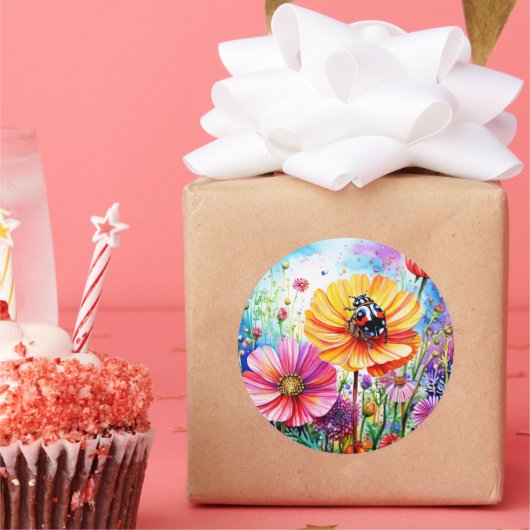 Sticker Rond Fleurs et coccinelles (Fête)