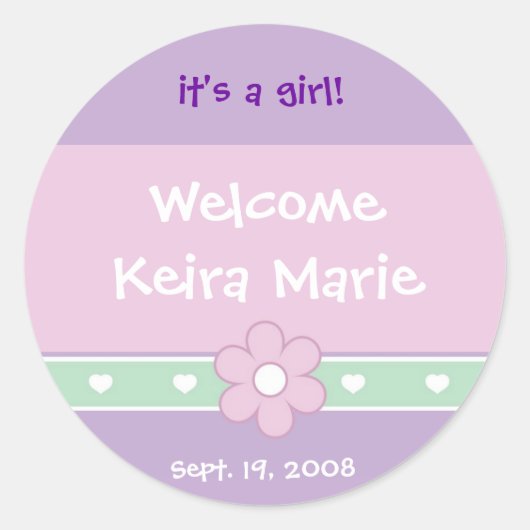 Sticker Rond Fleurs et Coeurs "C'est une fille" Faire-part (Devant)