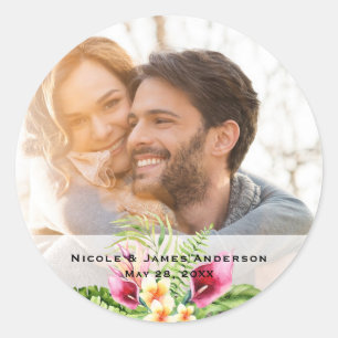 Sticker Rond Fleurs et Feuilles Tropicales Photo Florale de Mar