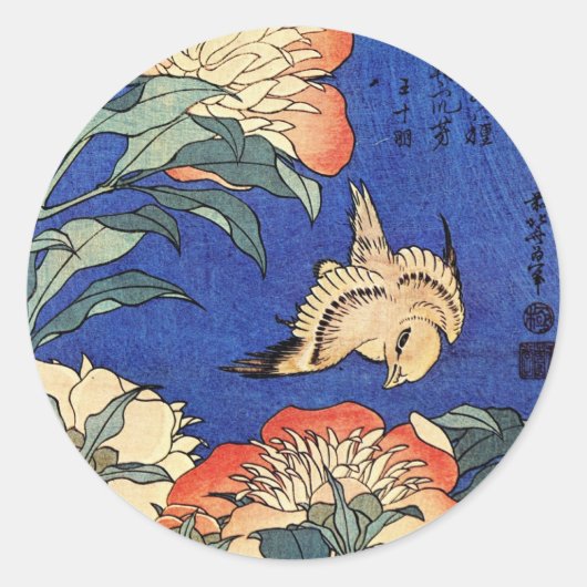 Sticker Rond Fleurs et oiseaux, Hokusai (Devant)