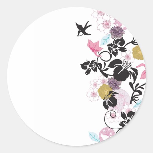 Sticker Rond Fleurs et oiseaux japonais (Devant)