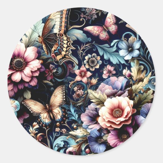 Sticker Rond Fleurs et papillons de printemps antiques (Devant)