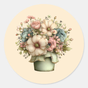 Sticker Rond Fleurs Fantaisistes dans un Pot de Fleurs Mignon