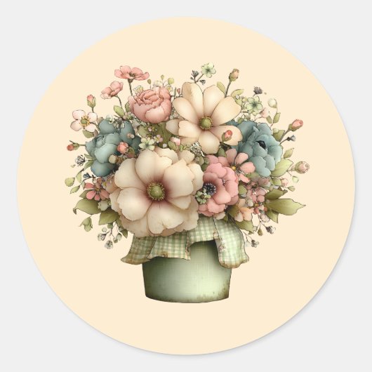 Sticker Rond Fleurs Fantaisistes dans un Pot de Fleurs Mignon (Devant)
