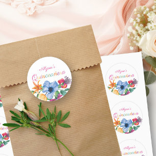 Sticker Rond Fleurs Fiesta colorées Quinceanera Florale Blanche