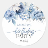 Sticker Rond Fleurs florales bleu Dusty Fête d'anniversaire (Devant)
