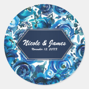 Sticker Rond Fleurs Florales Indigo Bleu Élégant Chic Mariage