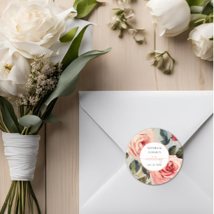 Sticker Rond Fleurs Florales Rouges Et Rose Mariage Classique