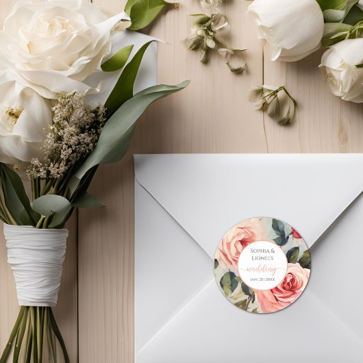 Sticker Rond Fleurs Florales Rouges Et Rose Mariage Classique