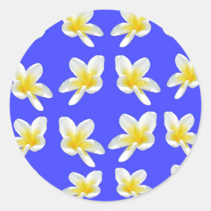Sticker Rond Fleurs Frangipani Jaune Sur Bleu,