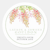 Sticker Rond Fleurs Grevillea aquarelle mariage vert blanc (Devant)