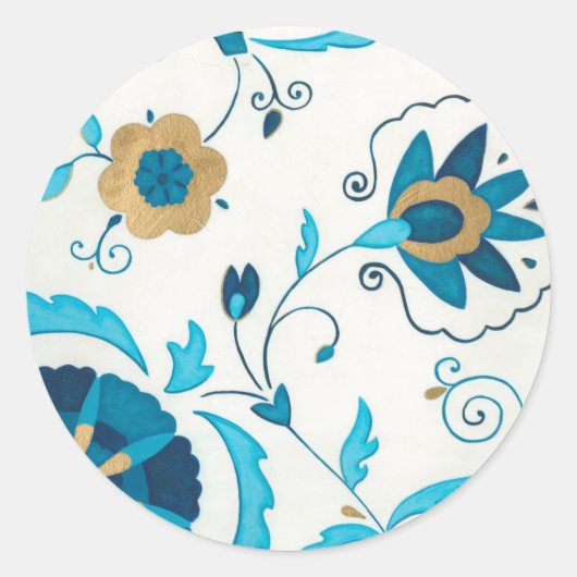 Sticker Rond Fleurs Indigo dorées avec Arrière - plan blanc (Devant)