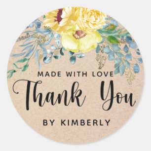 Sticker Rond Fleurs Jaunes Merci Fabriquées avec amour