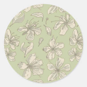 Sticker Rond Fleurs jetées sur vert olive - motif sans soudure.