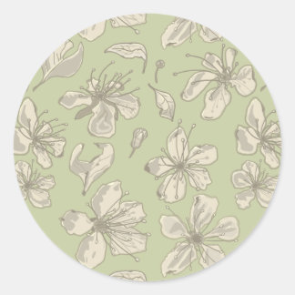 Sticker Rond Fleurs jetées sur vert olive - motif sans soudure.