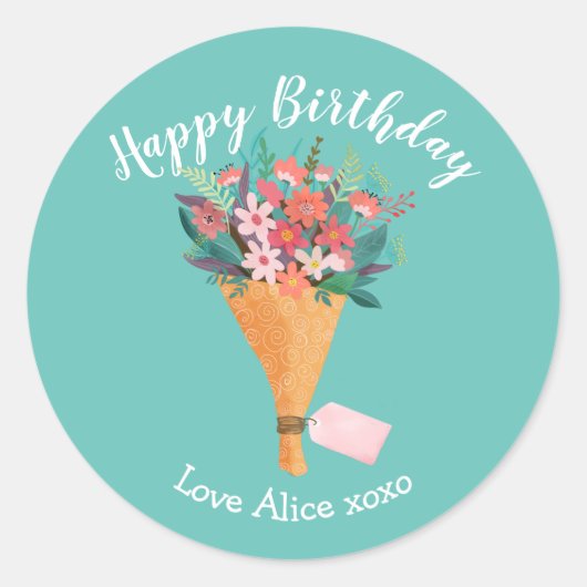 Sticker Rond fleurs joyeux bouquet d'anniversaire emballage cad (Devant)
