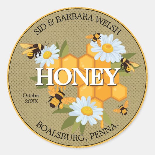 Sticker Rond Fleurs marguerites blanches et abeilles de miel (Devant)