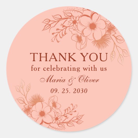 Sticker Rond Fleurs Merci Mariage Pêche (Devant)