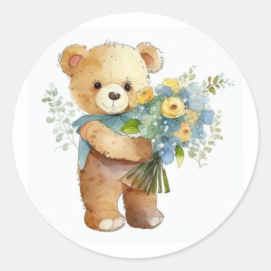 Sticker Rond Fleurs mignonnes pour vous Ours en peluche (Devant)