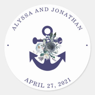Sticker Rond Fleurs nautiques   Marine Blue Floral Ancre