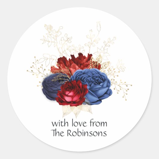 Sticker Rond Fleurs Navy, Rouge et Or (Devant)