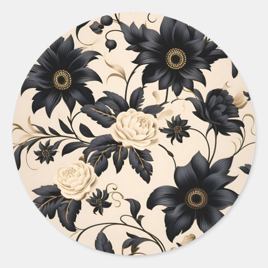 Sticker Rond Fleurs noires sur Motif beige (Devant)