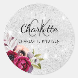Sticker Rond Fleurs pailletées argentées monogramme nom burgund