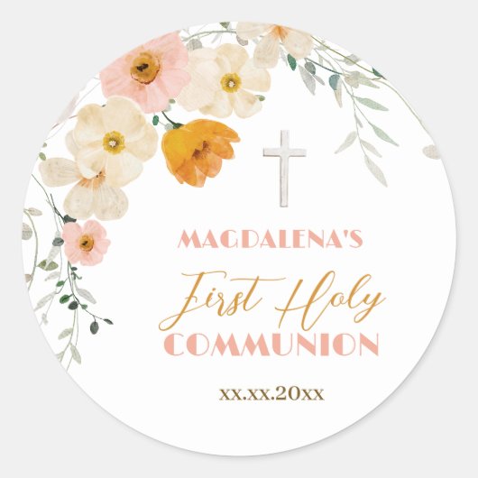 Sticker Rond Fleurs pastel et verdure Première communion sainte (Devant)