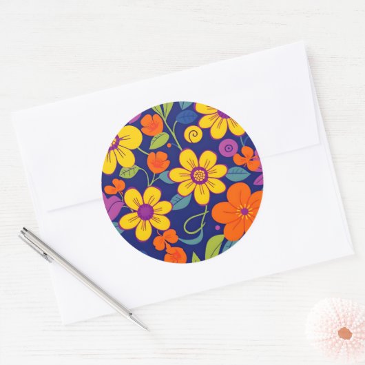 Sticker Rond Fleurs rétro colorées - Style Dopamine (Enveloppe)