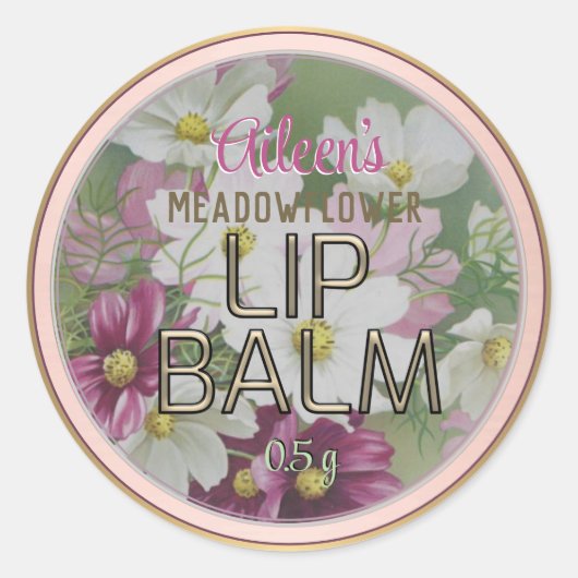 Sticker Rond Fleurs romantiques Embossées Texte Lip Baume Gold  (Devant)