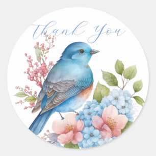Sticker Rond Fleurs romantiques et oiseau bleu merci