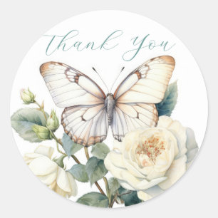 Sticker Rond Fleurs romantiques et papillon blanc merci