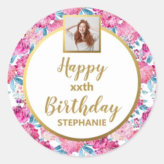 Sticker Rond Fleurs rose Chic, Photo Personnalisée, Joyeux Anni (Devant)