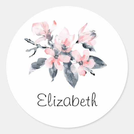 Sticker Rond Fleurs rose et gris Aquarelle classique (Devant)