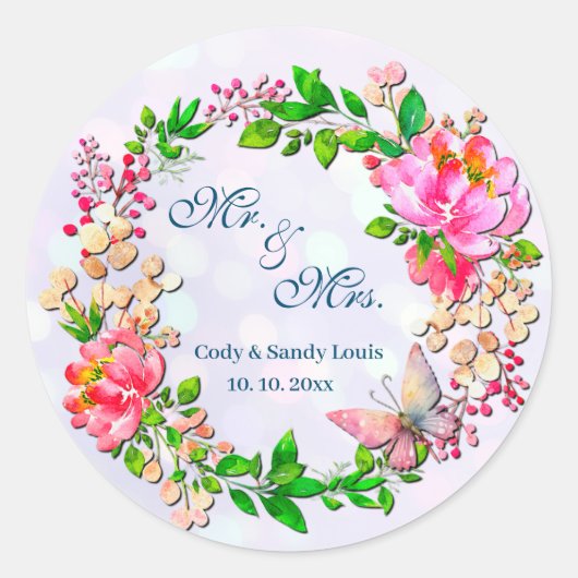 Sticker Rond Fleurs rose et papillon de printemps en aquarelle (Devant)
