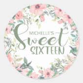 Sticker Rond Fleurs Rose Pâle Feuilles Vert Sauge Sweet 16 (Devant)