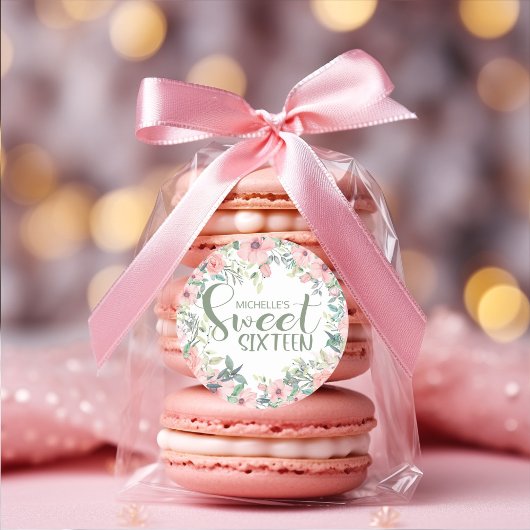 Sticker Rond Fleurs Rose Pâle Feuilles Vert Sauge Sweet 16
