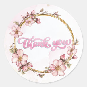 Sticker Rond Fleurs roses aquarelle Merci