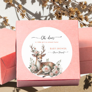 Sticker Rond Fleurs roses aquarelle thème cerf pour baby shower