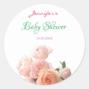 Sticker Rond Fleurs Roses Baby shower d'aquarelle manuscrites