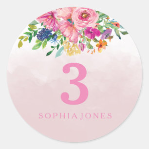 Sticker Rond Fleurs Roses Blush Filles Enfants Fête d'anniversa