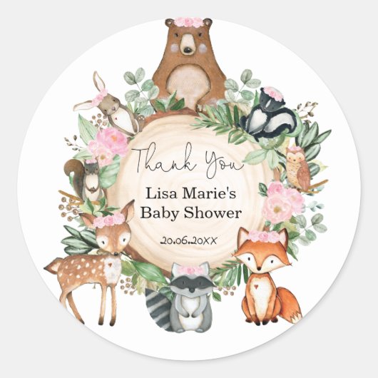 Sticker Rond Fleurs roses Bois Animaux Bébé Fille Douche (Devant)