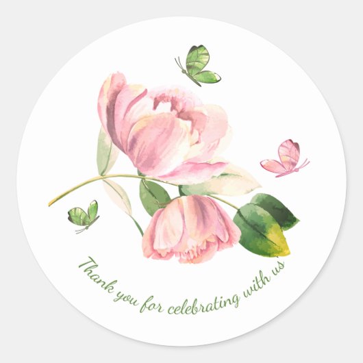 Sticker Rond Fleurs roses chaudes vert feuille papillons mariag (Devant)